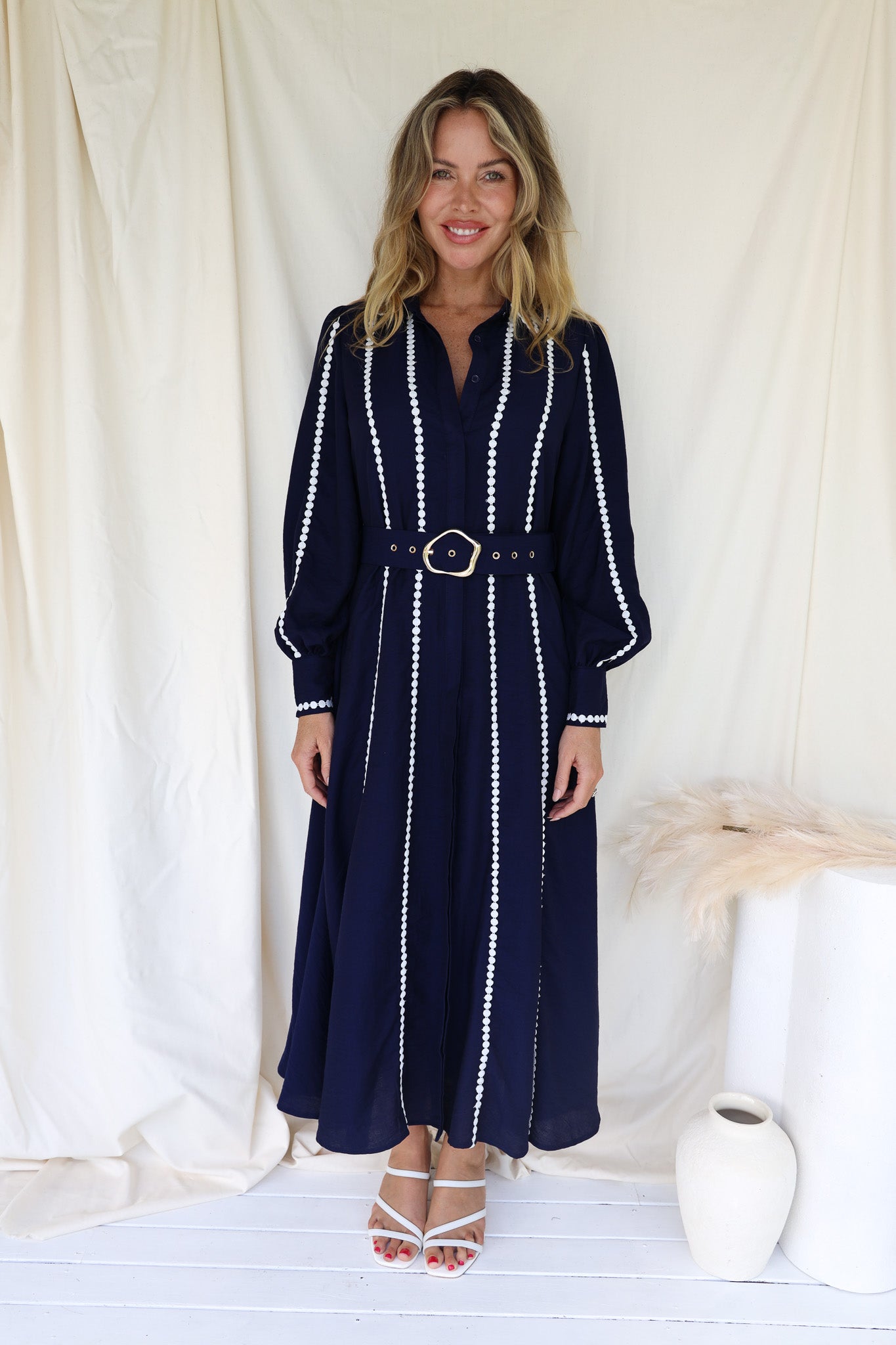 LACEE BELTED SHIRT DRESS - NAVY