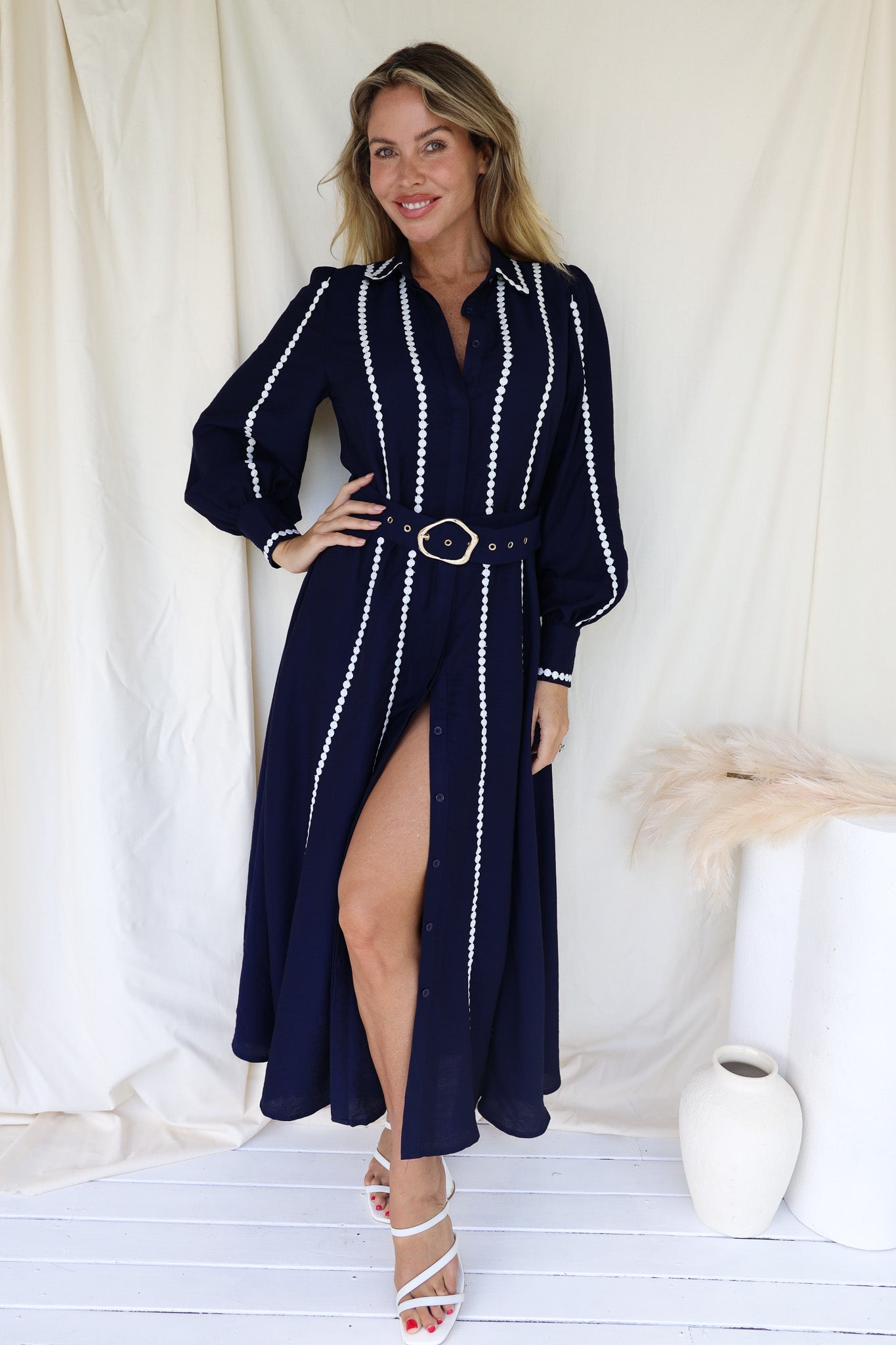 LACEE BELTED SHIRT DRESS - NAVY
