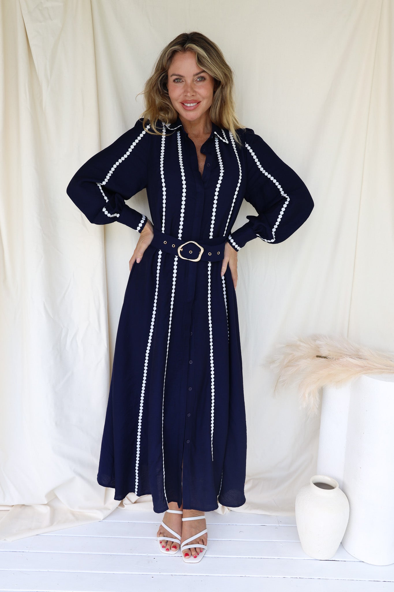 LACEE BELTED SHIRT DRESS - NAVY