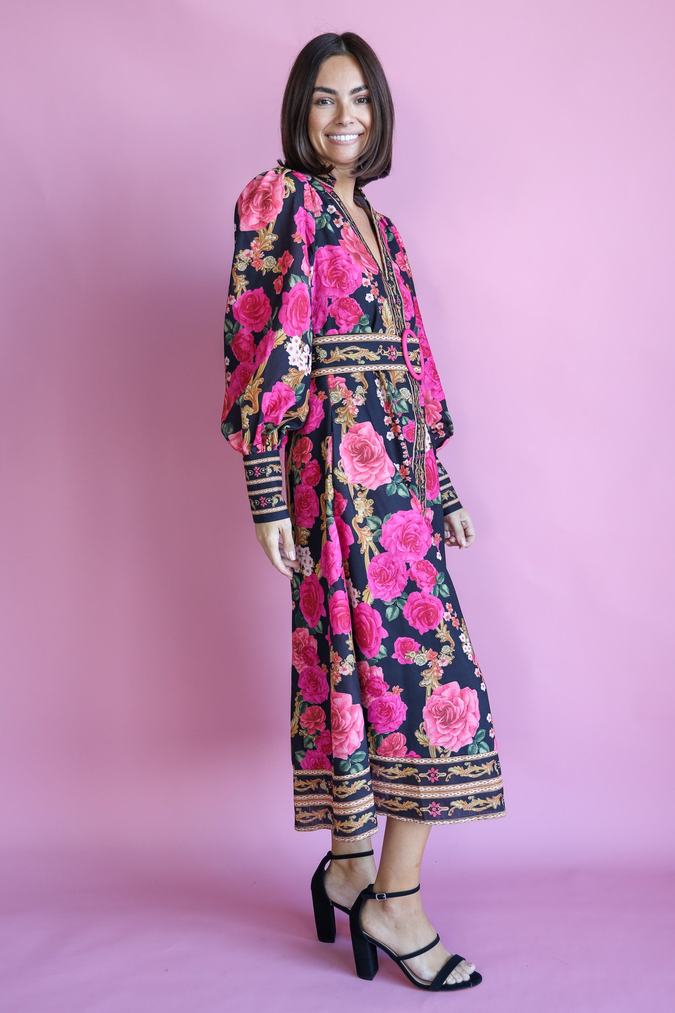 MY BOUQUET BELTED MIDI DRESS IN FLORAL PRINT