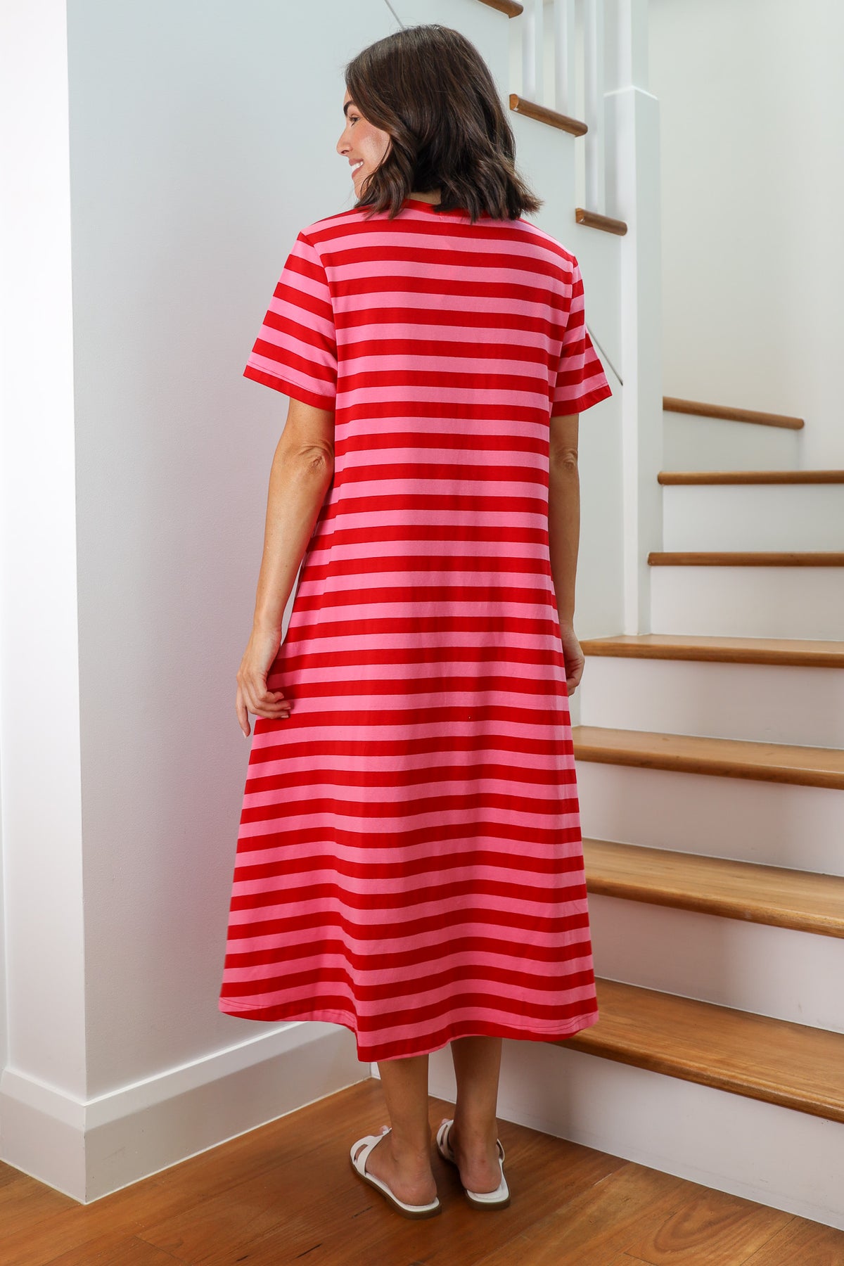 Throw On and Go T-Shirt Dress in Pink and Red Stripe
