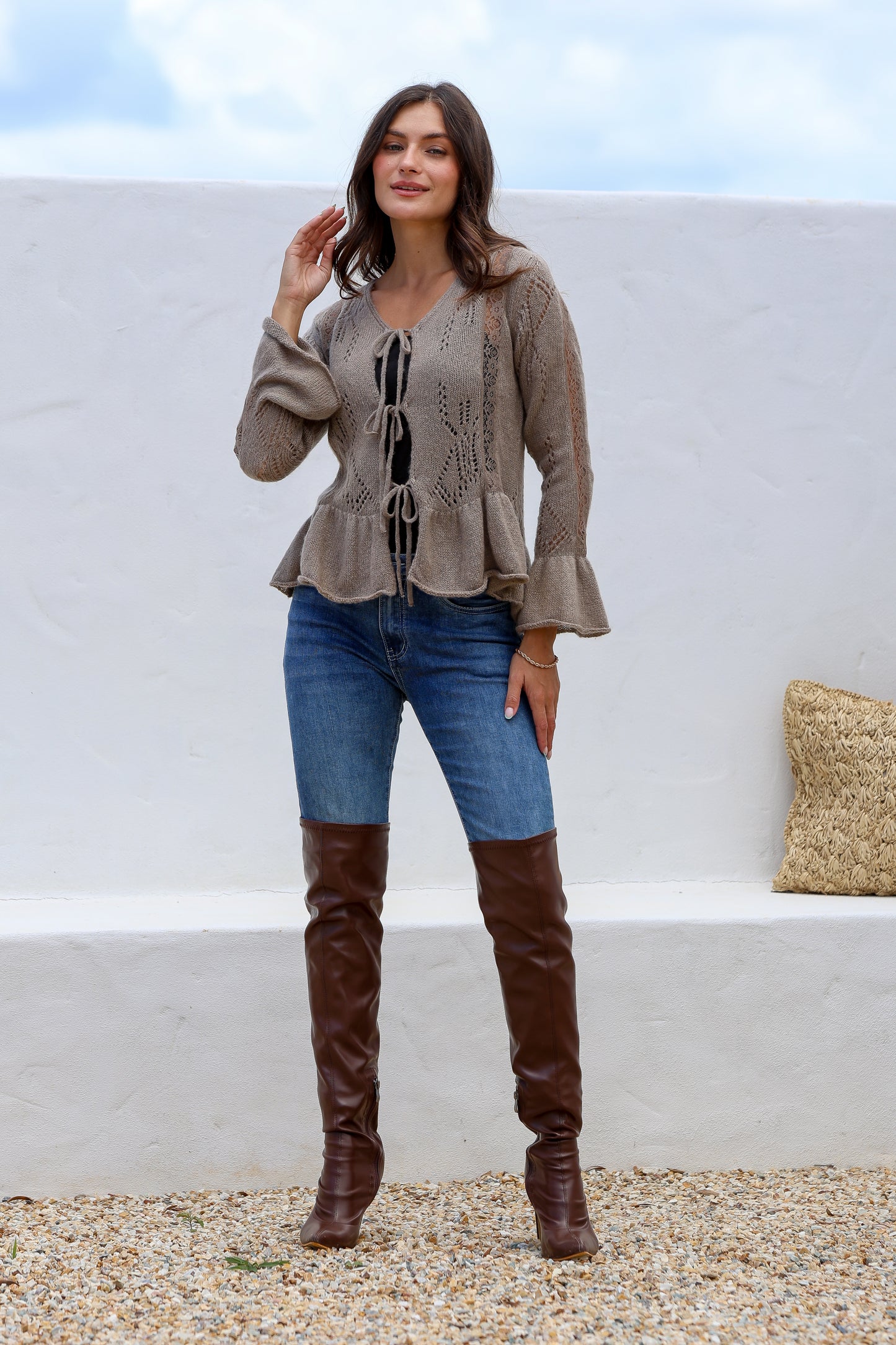 WILLOW TIE KNIT CARDIGAN - BEIGE