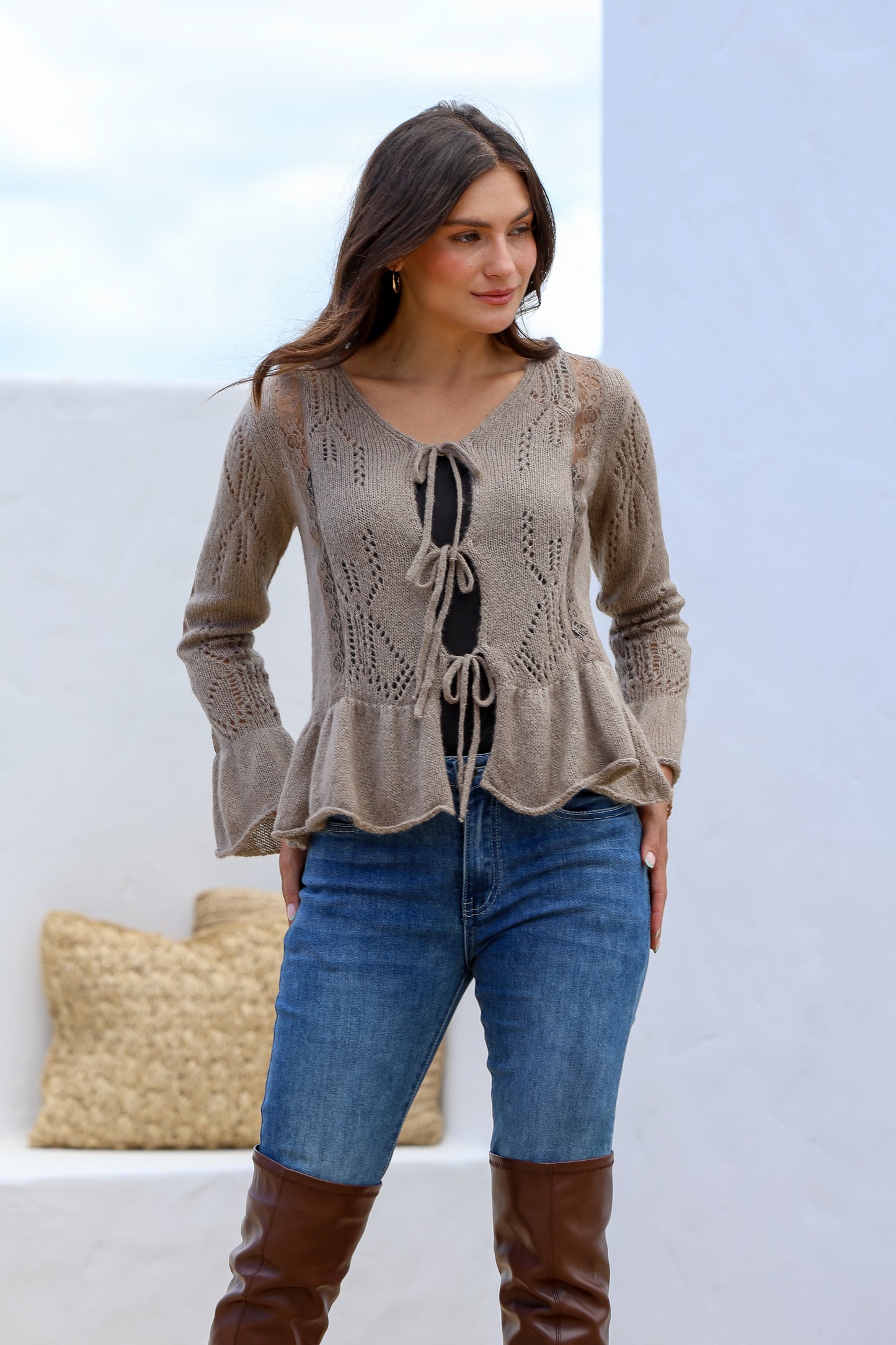 WILLOW TIE KNIT CARDIGAN - BEIGE