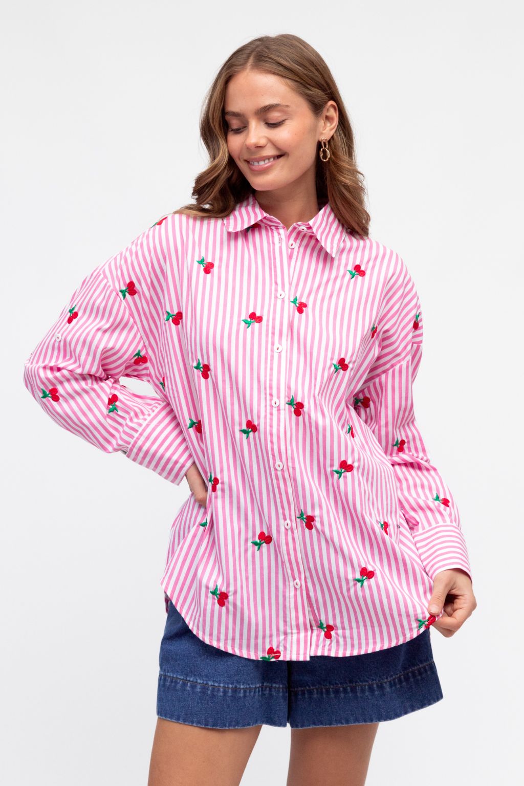 CHERRY STRIPE SHIRT - PINK