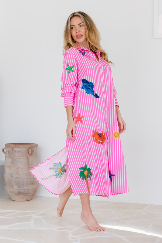 CORAL KISSED MAXI SHIRT DRESS - PINK