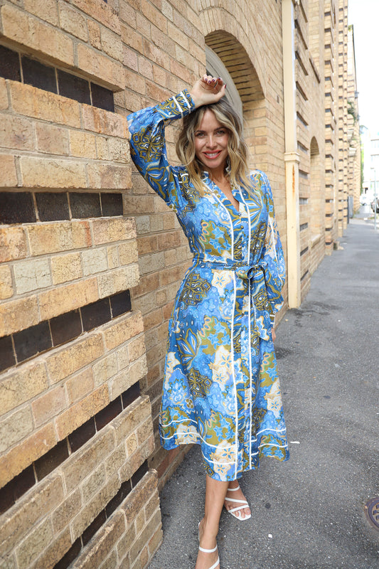 KARLIE SHIRT DRESS - BLUE FLORAL PRINT