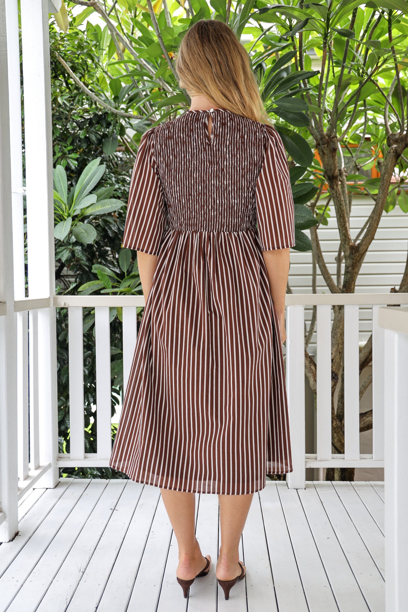 GIGI STRIPE MIDI DRESS IN CHOCOLATE STRIPE