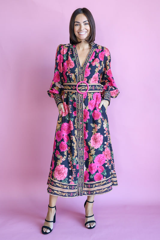 MY BOUQUET BELTED MIDI DRESS IN FLORAL PRINT
