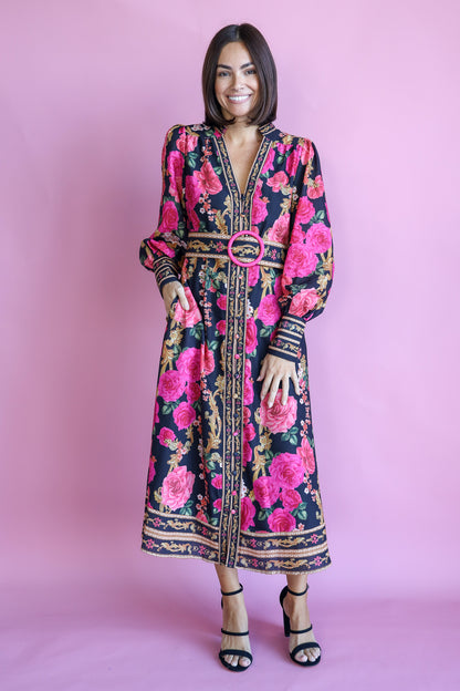 MY BOUQUET BELTED MIDI DRESS IN FLORAL PRINT
