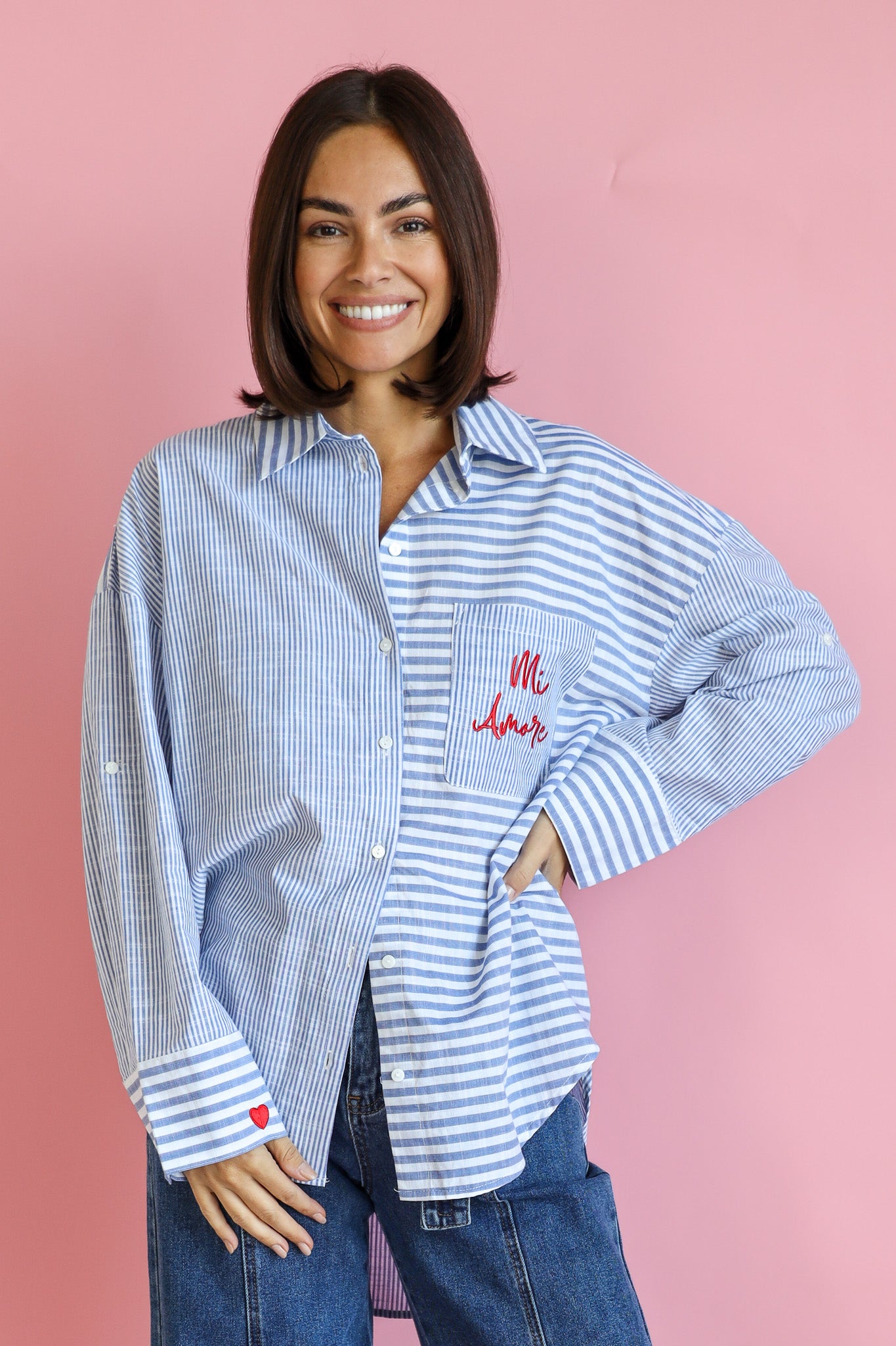 MY LOVE BLUE AND WHITE STRIPE SHIRT