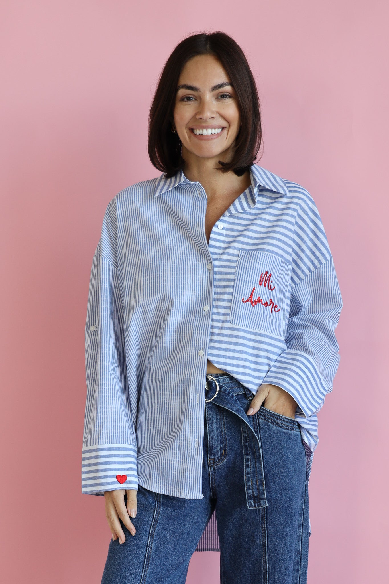 MY LOVE BLUE AND WHITE STRIPE SHIRT