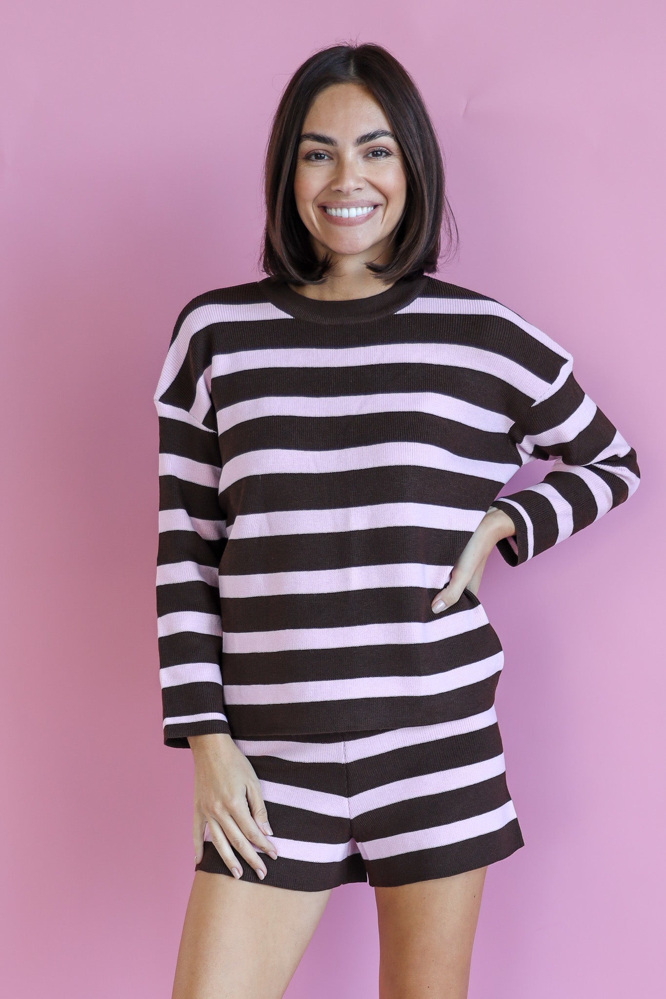 MAE STRIPE KNITTED T-SHIRT AND SHORT SET IN PINK AND CHOCOLATE