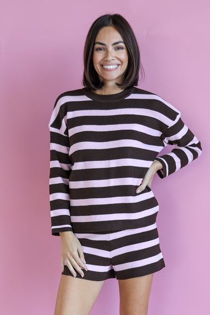 MAE STRIPE KNITTED T-SHIRT AND SHORT SET IN PINK AND CHOCOLATE