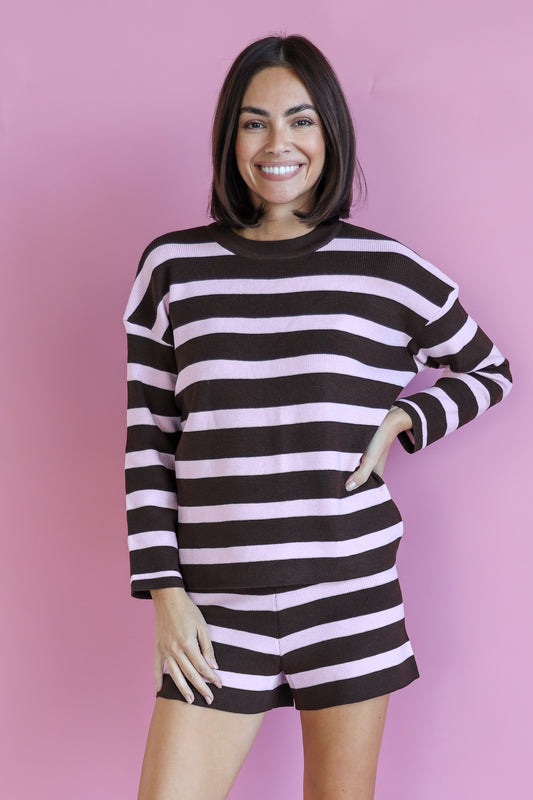 MAE STRIPE KNITTED T-SHIRT AND SHORT SET IN PINK AND CHOCOLATE