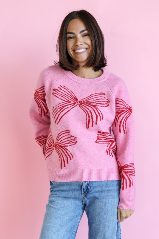 RED BOW SWEATER IN PINK