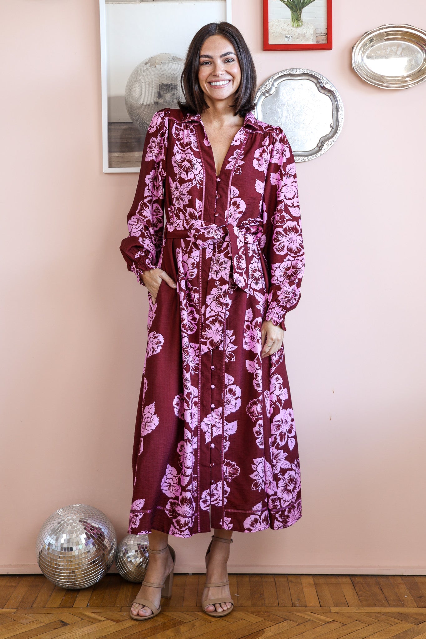 ATHENA MIDI DRESS IN BERRY AND PINK FLORAL