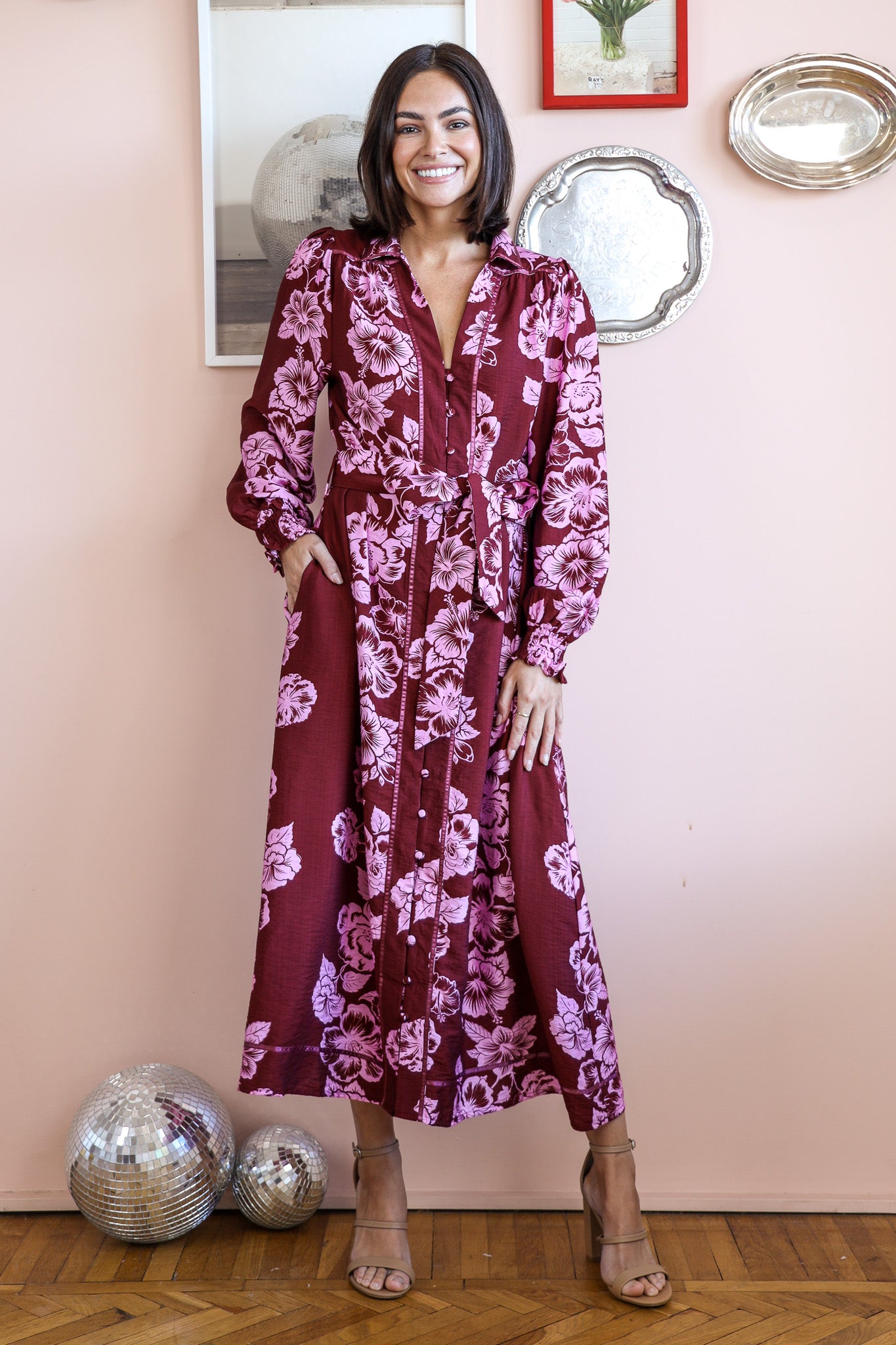 ATHENA MIDI DRESS IN BERRY AND PINK FLORAL