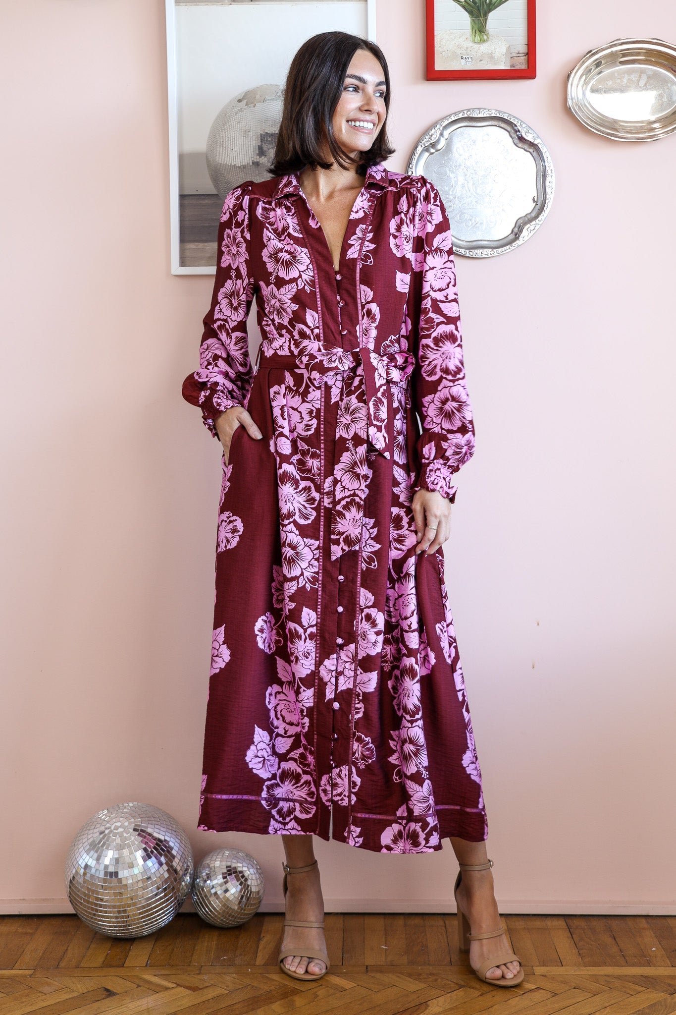 ATHENA MIDI DRESS IN BERRY AND PINK FLORAL