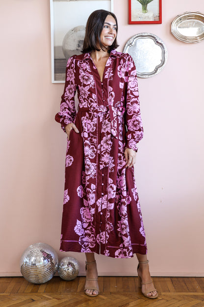 ATHENA MIDI DRESS IN BERRY AND PINK FLORAL