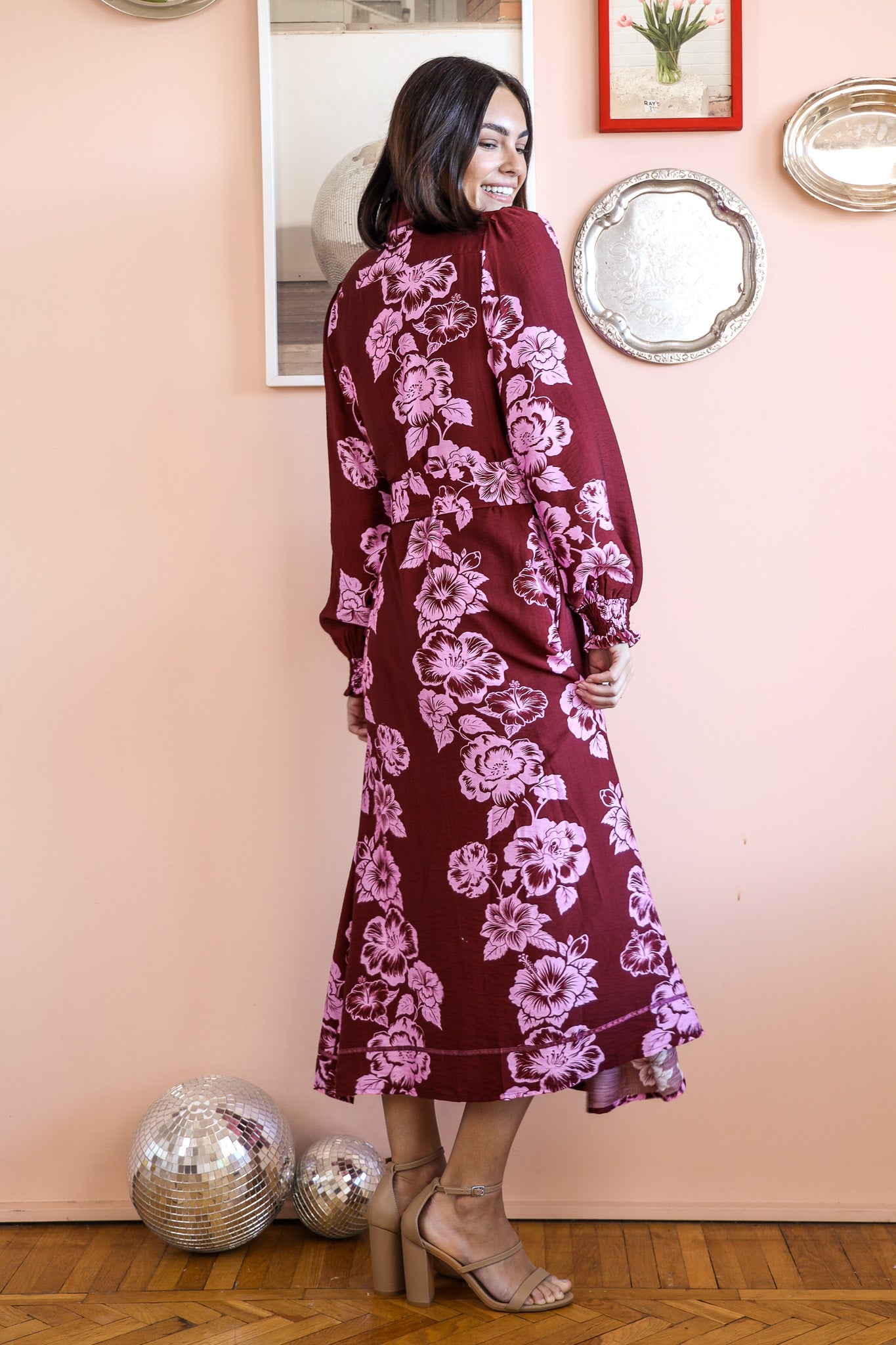 ATHENA MIDI DRESS IN BERRY AND PINK FLORAL