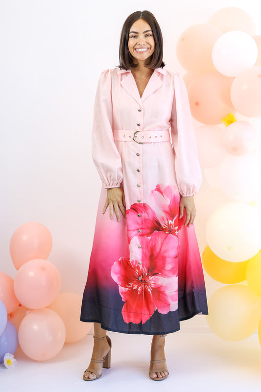 Starlet Maxi Shirt Dress in Pink Floral