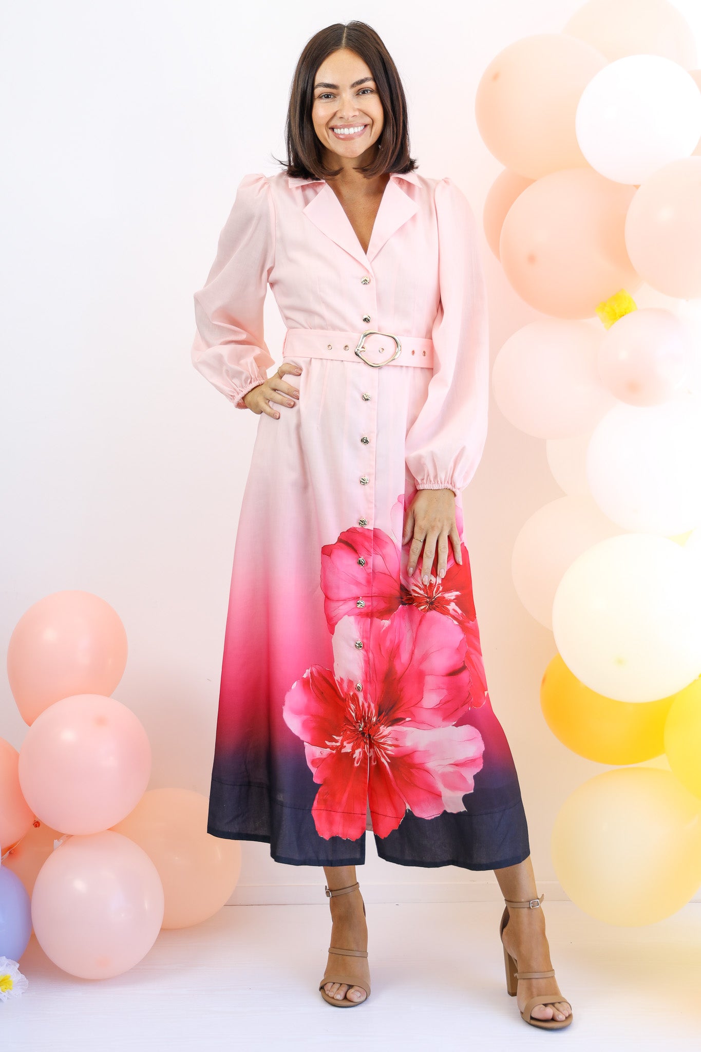 Starlet Maxi Shirt Dress in Pink Floral