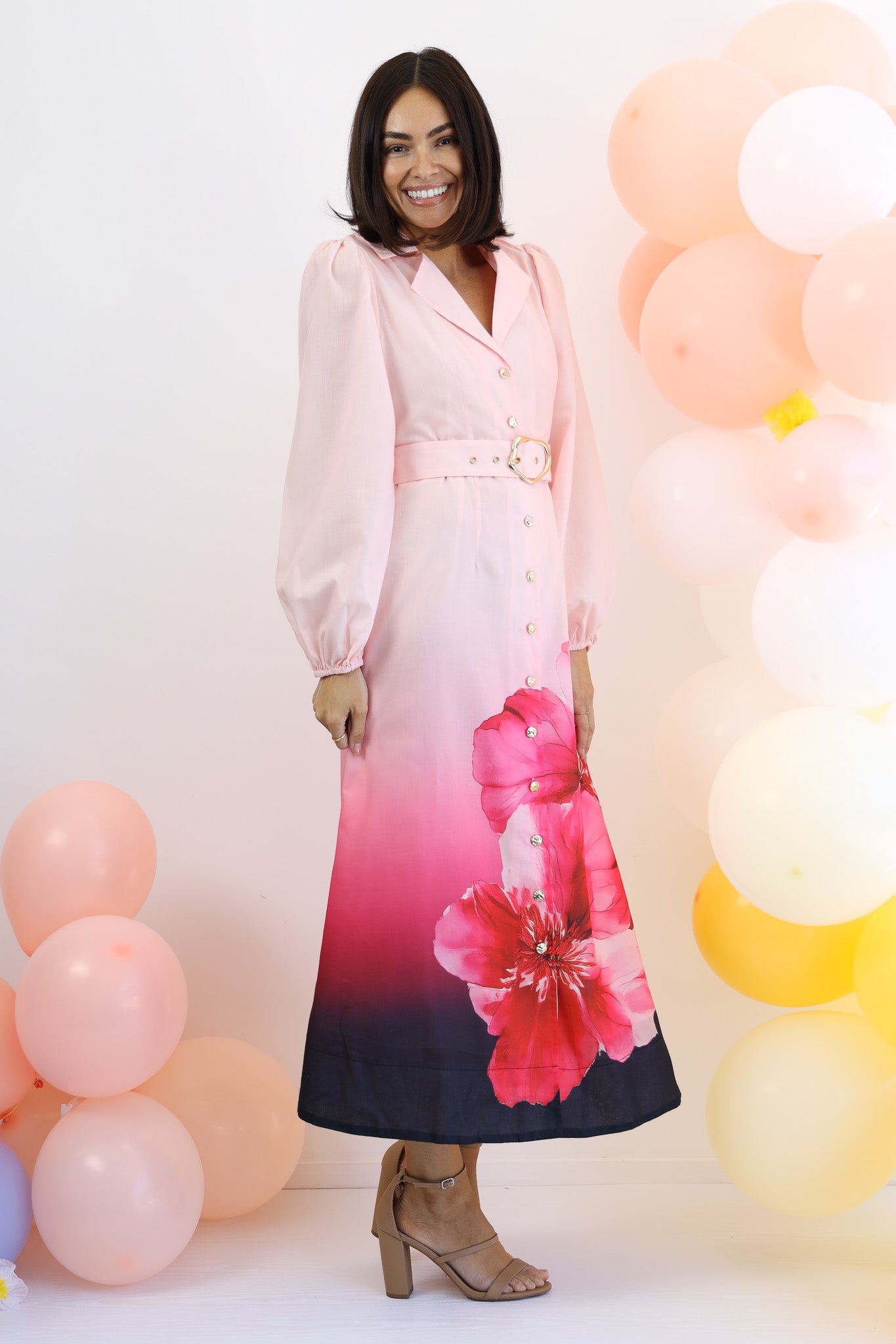 Starlet Maxi Shirt Dress in Pink Floral