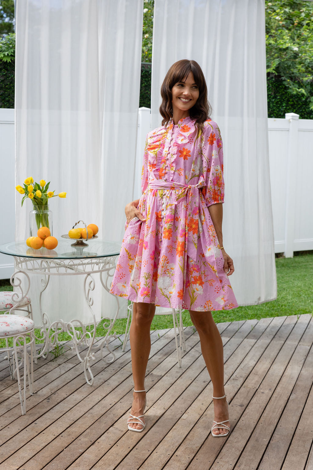 BLAIRE SHORT DRESS - COTTON SHORT SLEEVE DRESS IN PINK FLORAL