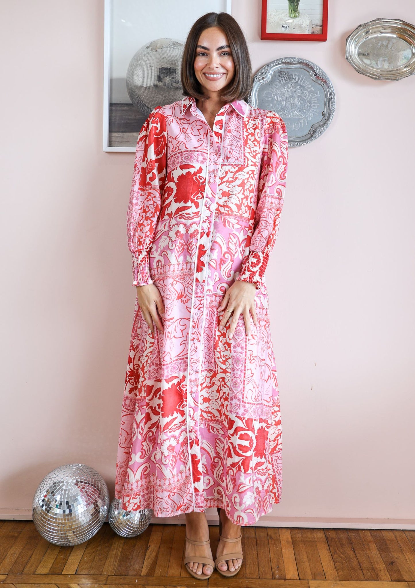 ABI MAXI SHIRT DRESS IN PINK PRINT