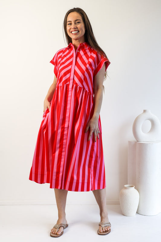 Emmeline Dress in Pink and Red Stripe