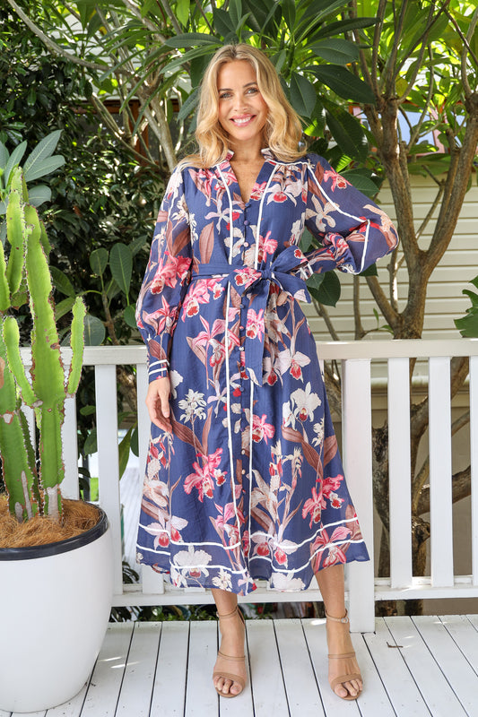MARIELLE MIDI SHIRT DRESS IN NAVY FLORAL