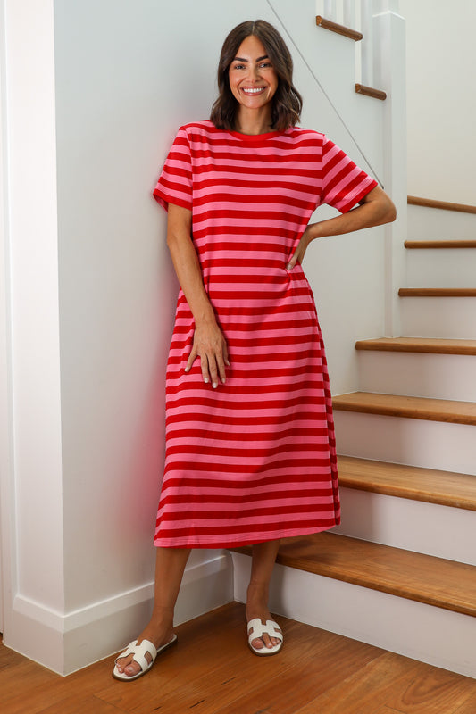 Throw On and Go T-Shirt Dress in Pink and Red Stripe