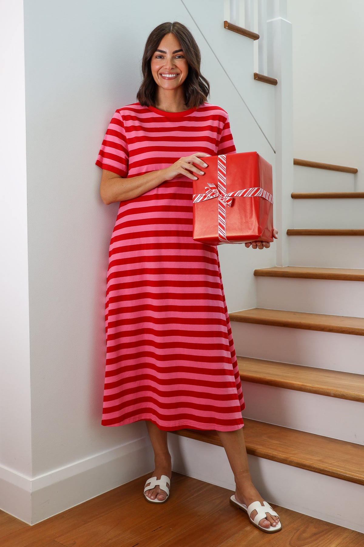 Throw On and Go T-Shirt Dress in Pink and Red Stripe