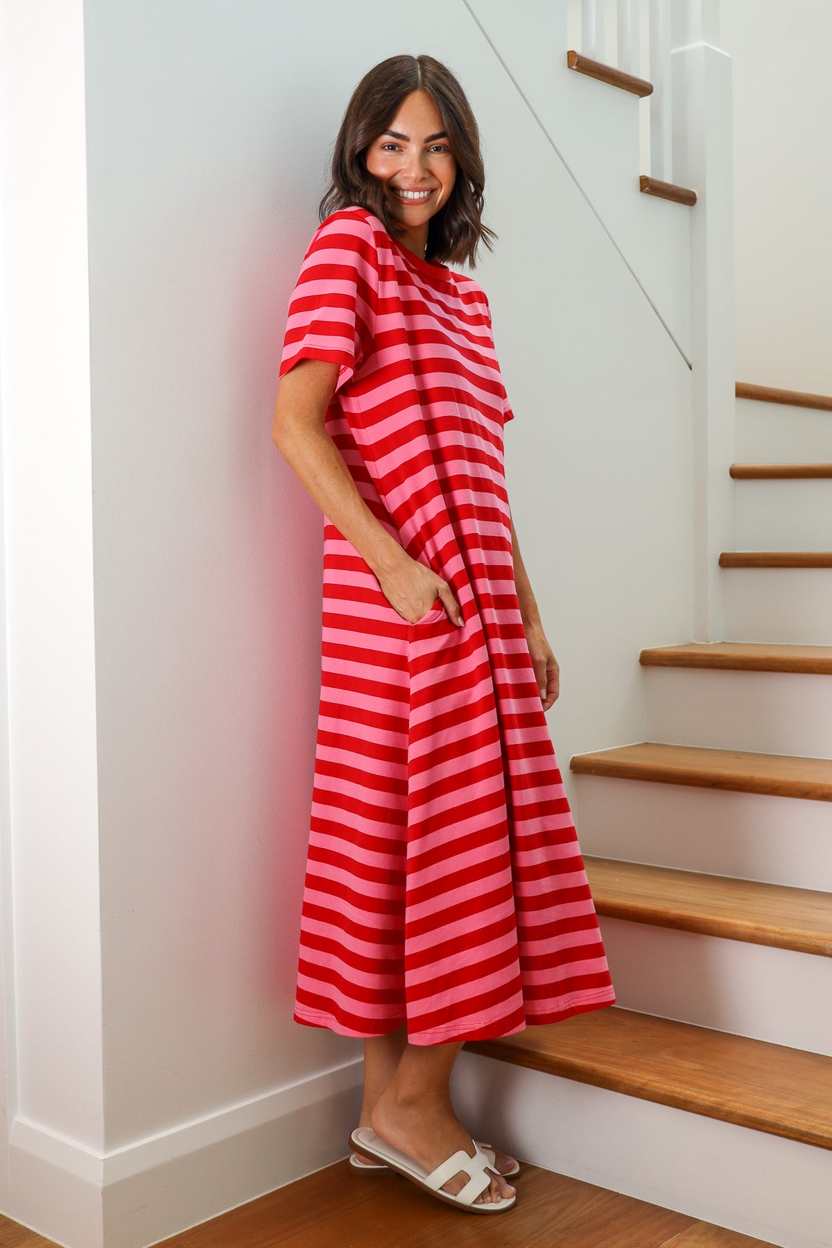 Throw On and Go T-Shirt Dress in Pink and Red Stripe