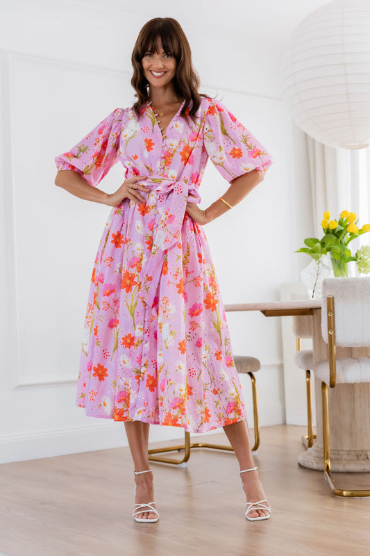 MONET MIDI DRESS - SHORT SLEEVE PINK FLORAL COTTON DRESS