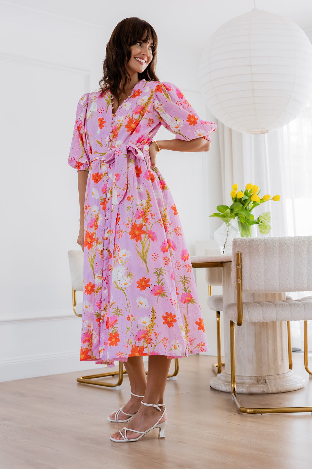 MONET MIDI DRESS - SHORT SLEEVE PINK FLORAL COTTON DRESS