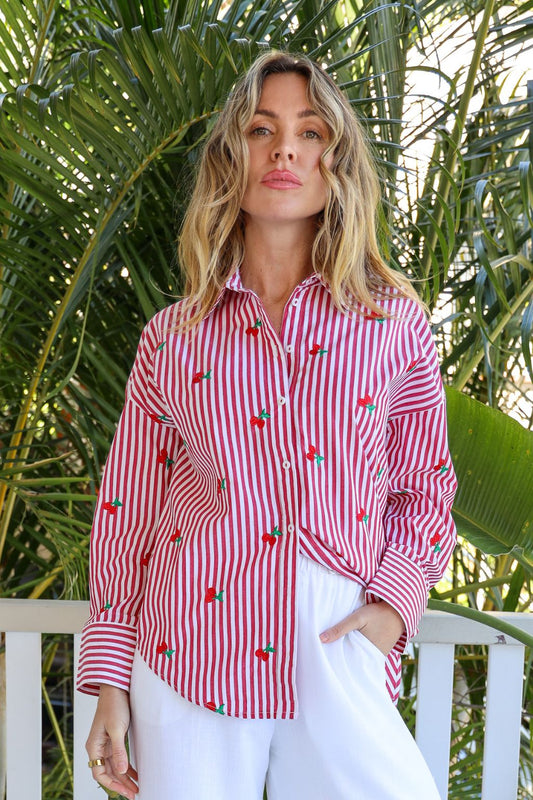 CHERRY STRIPE SHIRT  - RED