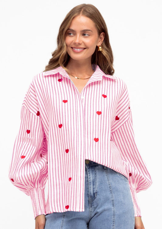 LOVE HEART DREAM SHIRT IN PINK AND WHITE STRIPE