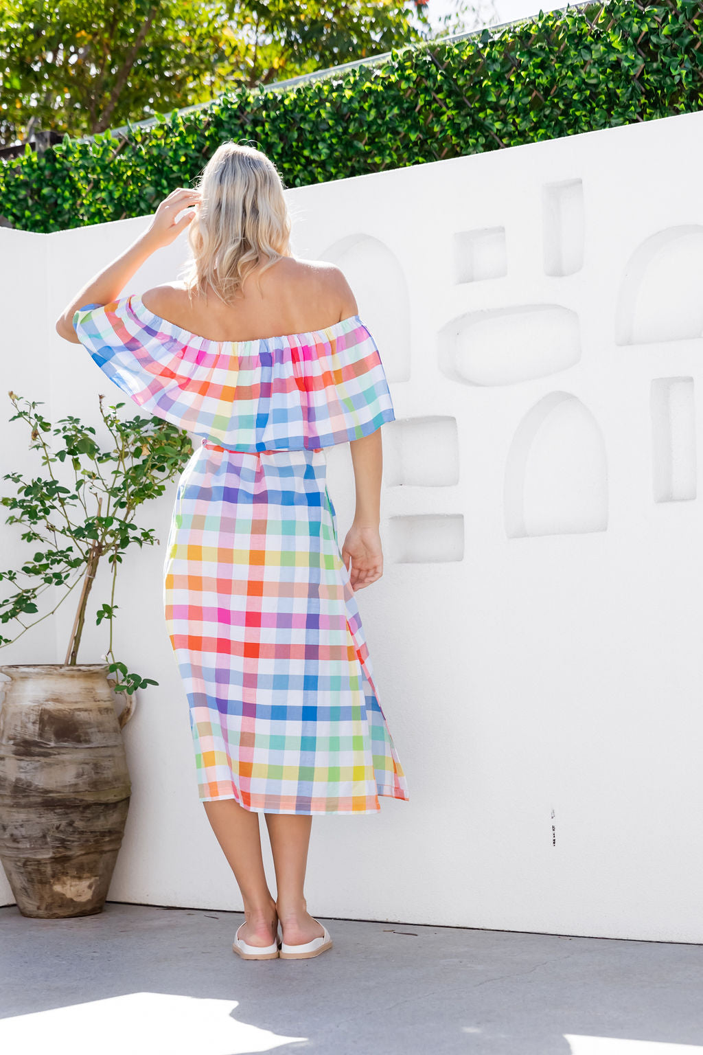 GOLDIE OFF SHOULDER CHECK MIDI DRESS