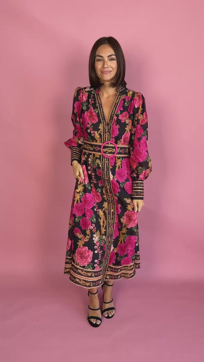 MY BOUQUET BELTED MIDI DRESS IN FLORAL PRINT