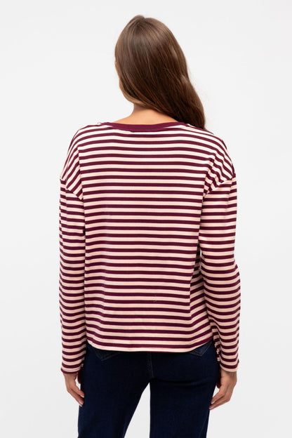 TUCK ME IN LONG SLEEVE STRIPE TOP IN PINK AND WINE