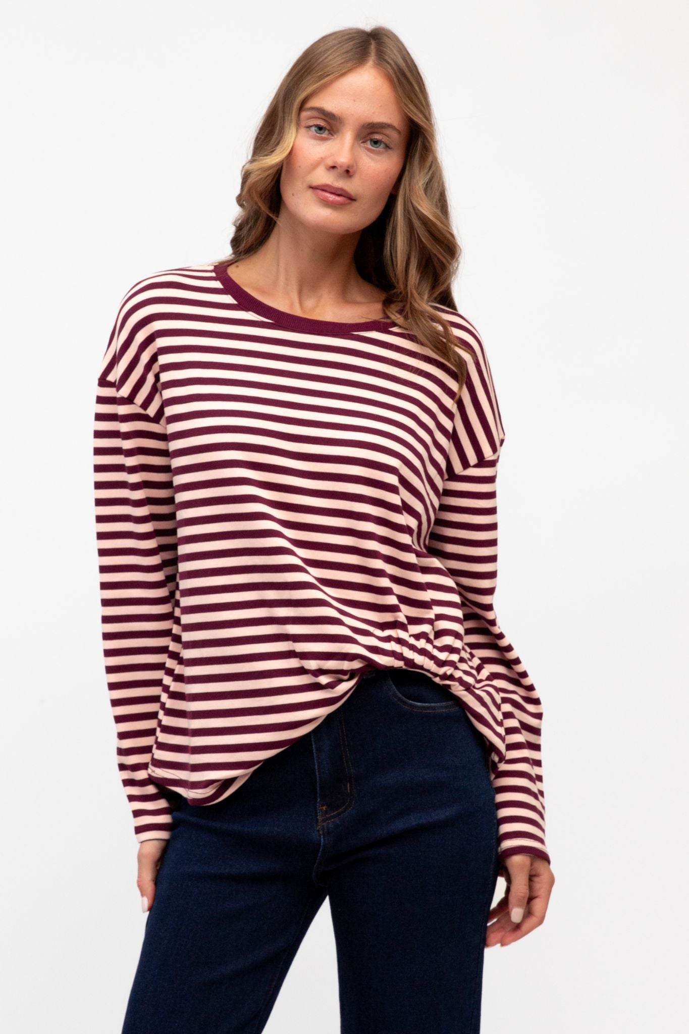 TUCK ME IN LONG SLEEVE STRIPE TOP IN PINK AND WINE