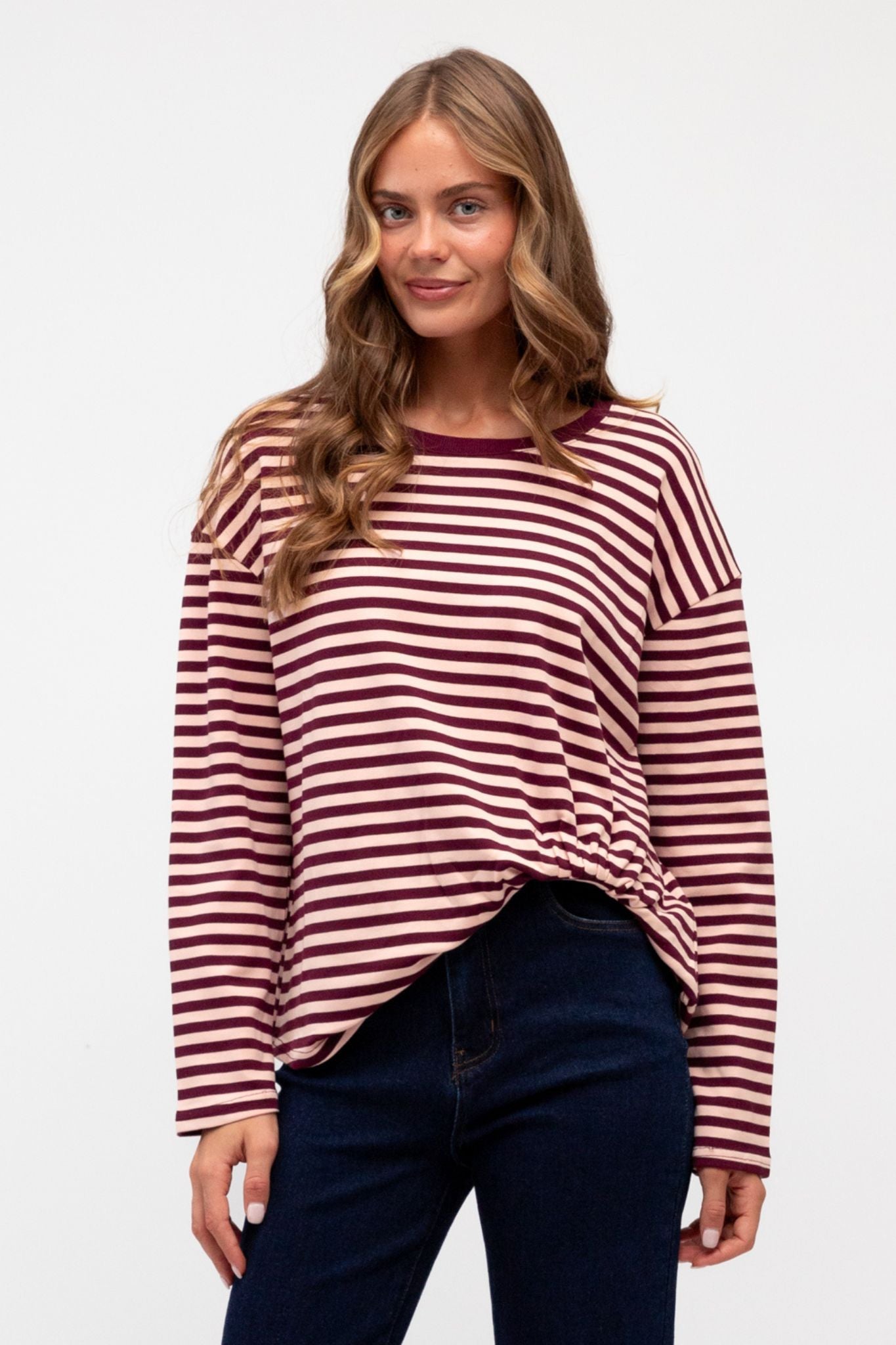 TUCK ME IN LONG SLEEVE STRIPE TOP IN PINK AND WINE