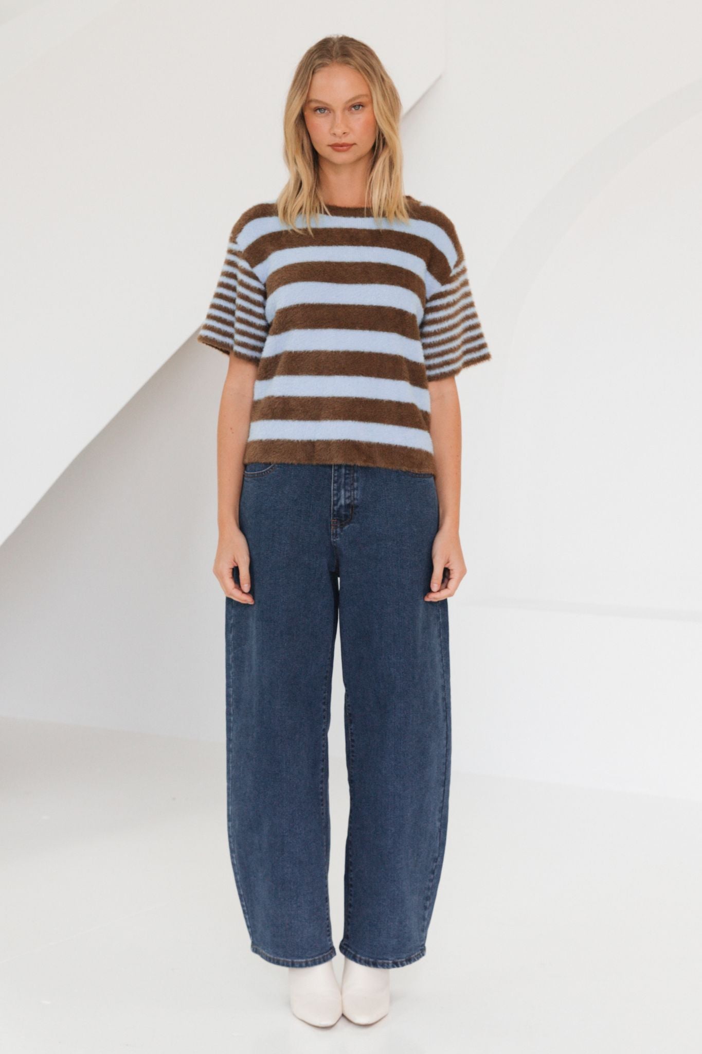 SO SOFT STRIPE KNIT IN BLUE AND CHOC STIPE
