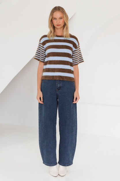 SO SOFT STRIPE KNIT IN BLUE AND CHOC STIPE