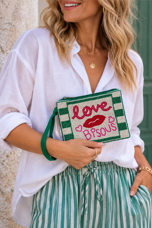 Love Bisous Beaded Pouch